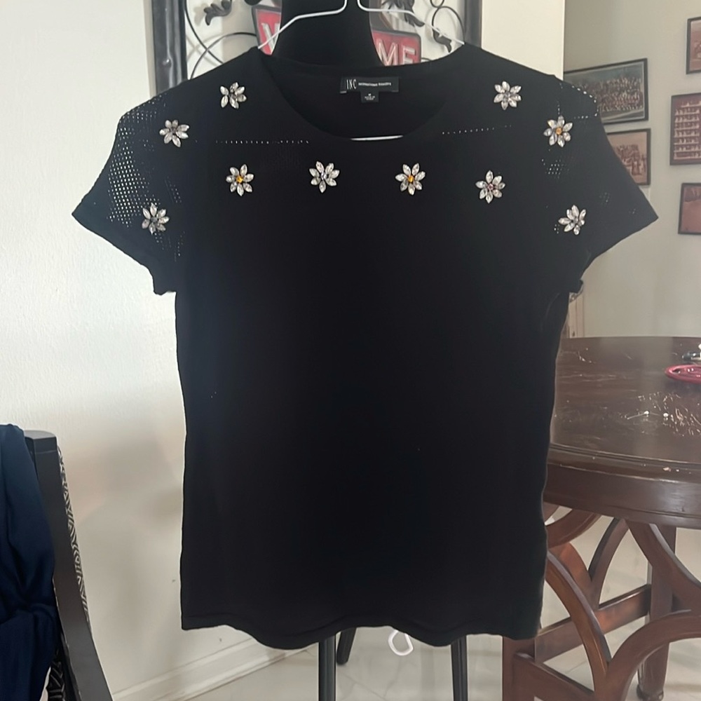 INC international concept black sweater with jewel flowers